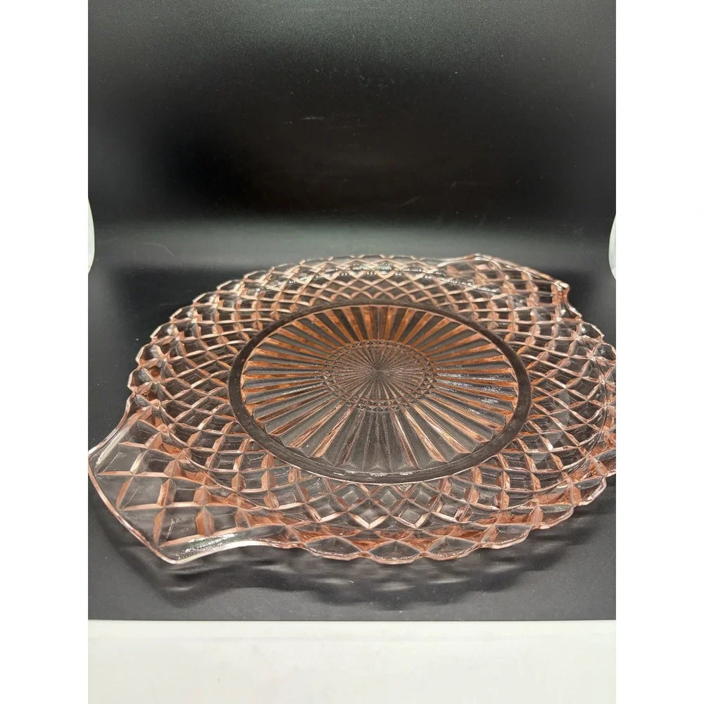 Vtg Anchor Hocking Waterford‎ Pink Glass Round Platter Cake Plate Handled 10
